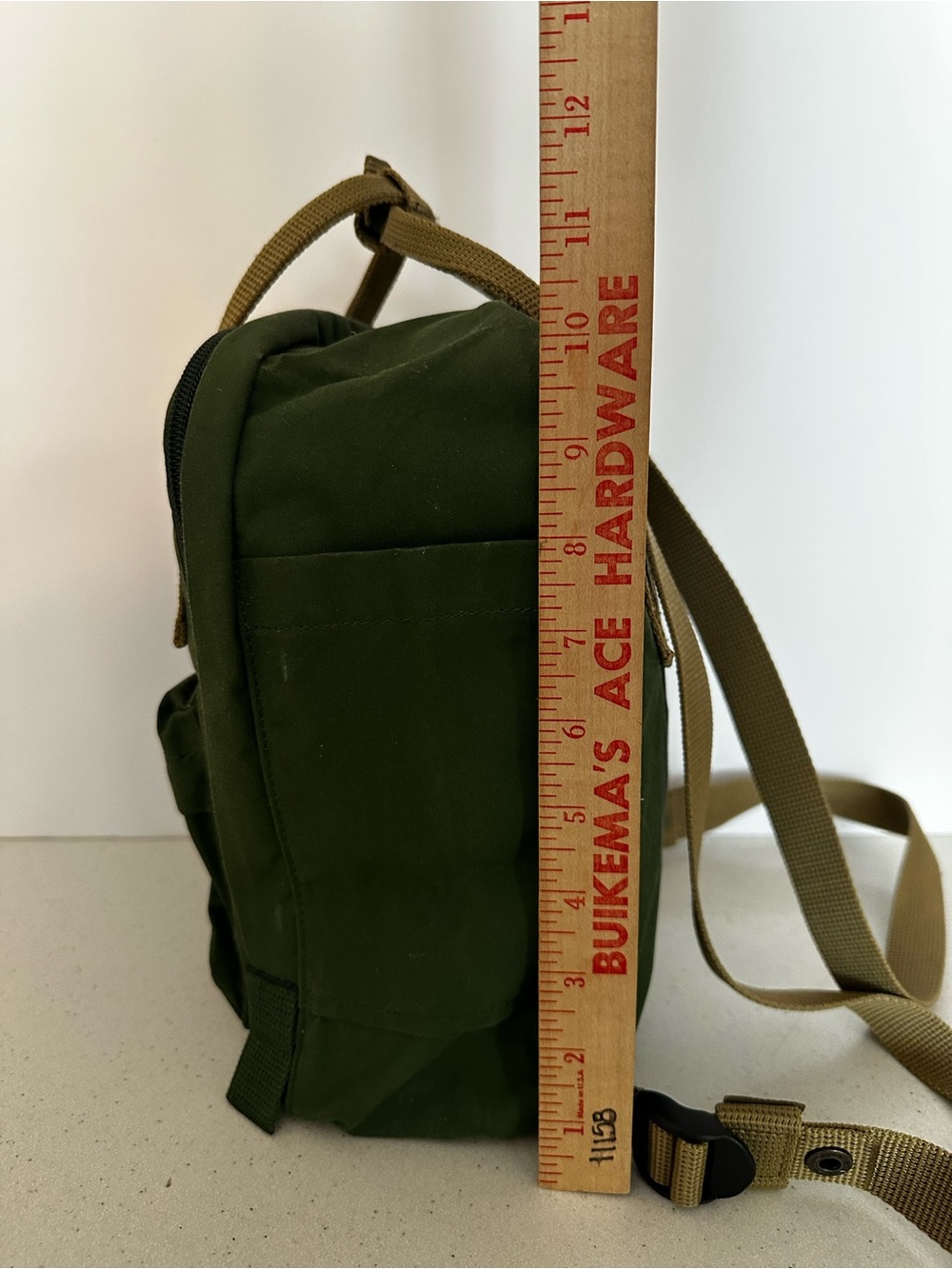 Fjallraven Kanken Mini Olive Green Backpack with Tan Adjustable Straps - Picture 9 of 12